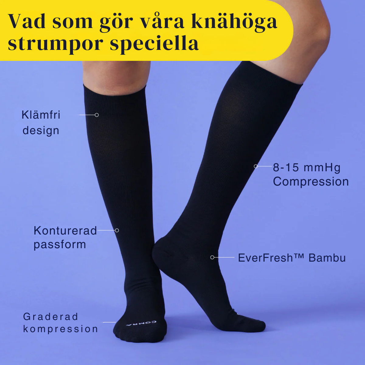 Kompressionsstrumpa i bambu, 8-15mmHg, Svart